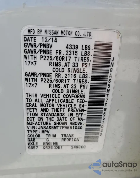 2015 Nissan Rogue Select S from USA, damaged, VIN JN8AS5MT7FW651040